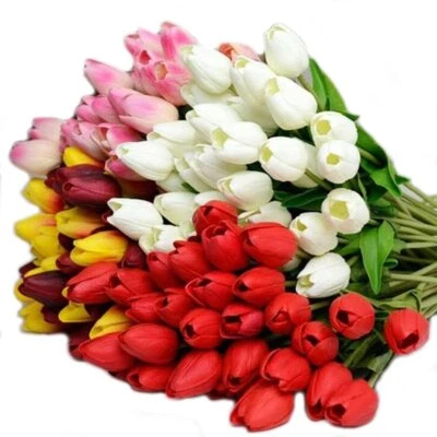 10x Flores Falsas Tulipanes Ramo Artificial Boda Decoración Nupcial Foto 1 de 4