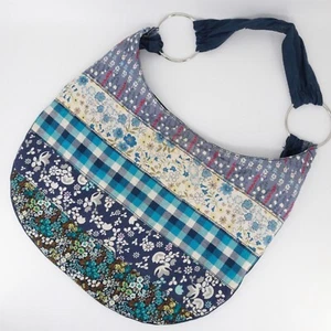 Hobo Handbag Women Blue Multicolor Floral Patch Striped Boho Purse Shoulder Bag - Picture 1 of 14