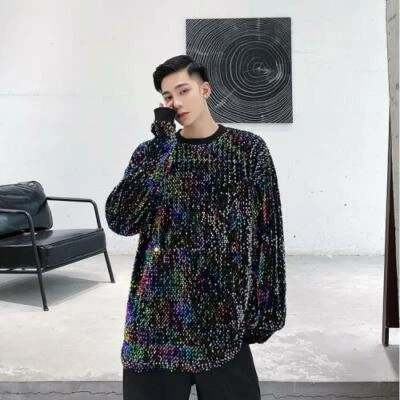 Men's Fashion Round Collar Long Sleeve Shine Sequins Loose T-shirt Pullover - Image 1 of 4