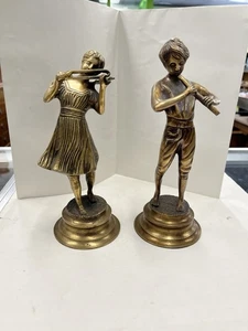 Brass Music Making Couple Statues Set Of 2 Vintage Boy Girl Violin Flute India - Picture 1 of 9