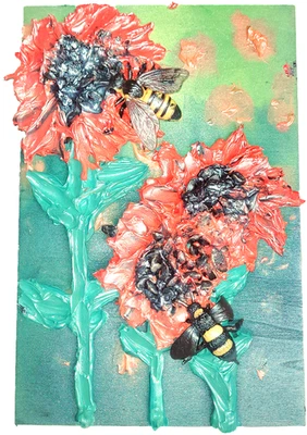 Girasol Impasto 3d pintado a mano sobre madera - acrílico grueso esculpido 11,8 por 7,9 Foto 1 de 2
