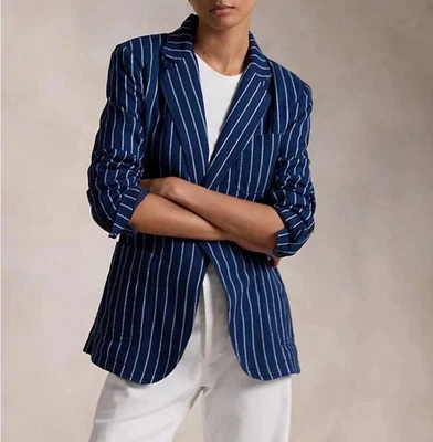 NUEVO Blazer Ralph Lauren Azul Rayas Lino Algodón Calce Ajustado Talla 4 Nuevo con Etiquetas $498 Foto 1 de 4