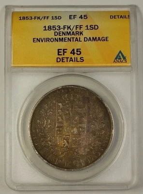1853-FK/FF Denmark Specie Daler Silver Coin ANACS EF-45 Details Envir. Damage - Image 1 of 2