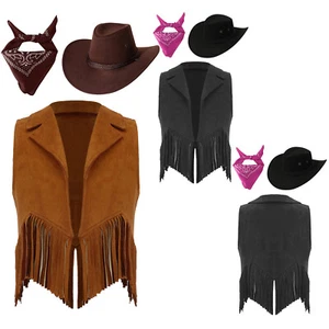 Kids Western Cowgirls Cowboys Costume Set Tassel Fringe Vest with Bandana Hat - Picture 1 of 29