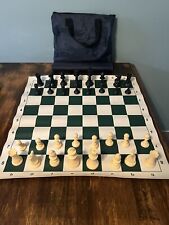 Large Travel Chess Set in Bag with Roll-up 20" Vinyl Chess Board Green / White