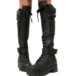 Damen Kniehohe Stiefel Combat Halbhohe Stiefel Blockabsatz Grob Schnürung Plateau - Bild 1 von 32