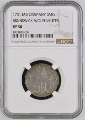 1731 IAB German States Brunswick-Wolfenbuttel. 1/6 Taler 6MG. NGC VF 30 - Image 1 of 2