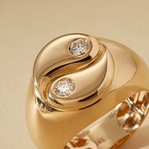 Yin Yang Lab Created Diamond Signet Ring 14K Solid Gold Statement Ring - Picture 1 of 7