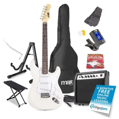 MAXMUSIC Max Gigkit White Electric Guitar Starter Pack with Amp & Stand for Beginners