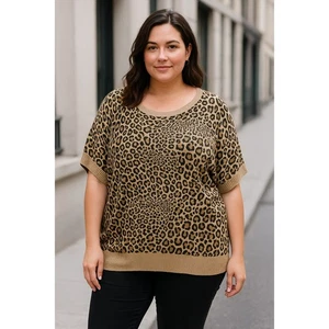 Worthington Woman 1X Leopard Print Knit Top Women Plus Animal Pattern - Picture 1 of 9