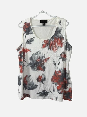 Camiseta sin mangas floral roja con lentejuelas blancas para mujer XL capas boho Downtown Glam Chic Bling Foto 1 de 4