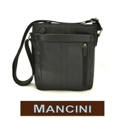 MANCINI Unisex Black Leather Tall Messenger Bag Padded Shoulder Crossbody Bag Foto 1 de 4