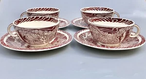 Vernon Kilns Maroon Coral Reef Flat Cup Saucer Service For 4 - Picture 1 of 22