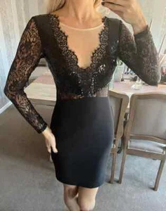 Abito Bodycon Paillettes Nero Lipsy 10 Maniche Lunghe Occasione Festa Matrimonio Gare - Foto 1 di 24