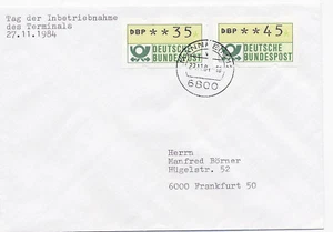 Deutschland 1984 Green Bugle Computer Vending Stamps First Day Use Mainnheim - Bild 1 von 2