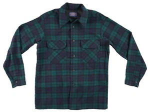 VTG 70s PENDLETON USA Men's sz M Green Blue Plaid Button Down Wool Board Shirt - Picture 1 of 6