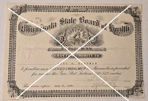 Licencia de certificado de embalsamador de salud de la Junta Estatal de Minnesota 1932 Goth Mortition Halloween - Imagen 1 de 4