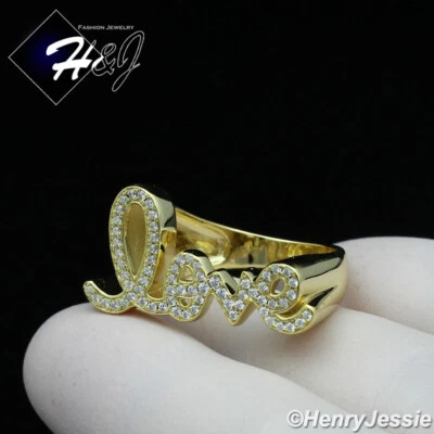 WOMEN 925 STERLING SILVER ICY CUBIC ZIRCONIA GOLD PLATED "LOVE"ETERNITY RING*166 - Image 1 of 4