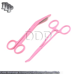 Lister Verbandschere 5,5" + Crile Thermostat Pinzette 5,5 gebogen rosa Farbe - Bild 1 von 3