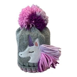 Girls' Unicorn Pom-Pom Beanie Hat – Gray Knit with Fleece Lining – ACCSA Brand – - Picture 1 of 3