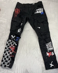 Smoke Rise Wax Cargo Jean Men 38x32 Black Distressed Graffiti Stretch Streetwear - Picture 1 of 19