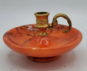 Vintage Genuine Orange Alabaster Stone Candle Holder  5" Mid Century Modern - Picture 1 of 8