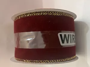 2.5” x 25ft Wired Ribbon. Burgundy & Gold. Merry Christmas Valentine Velvet - Picture 1 of 6