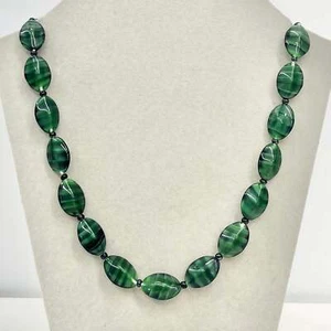 Vintage Green Striated Czech Glass Satin Beaded Necklace 19.5" Long Quality - Picture 1 of 6