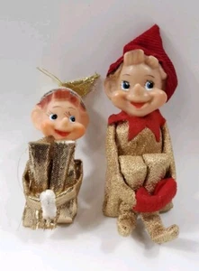 2 Vintage 1950s Gold Japan Knee Hugger Christmas Elf Shelf Sitter Kitschy - Picture 1 of 8