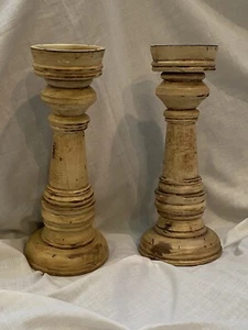 Paar rustikale Shabby-Chic, gedrechselt, ocker Holz Stumpen-/Kegelkerzenhalter - Bild 1 von 5