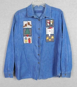 Karen Scott Denim Shirt Large Blue Christmas Holiday Snowman Santa Penguins - Picture 1 of 8