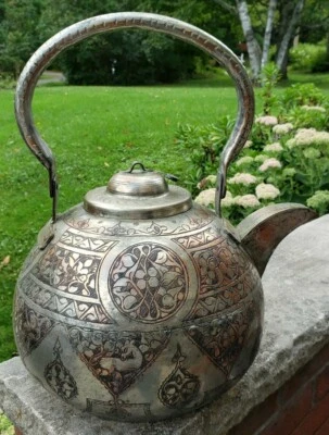 Hervidor de agua para té café grabado a mano de cobre estañado persa Atq Foto 1 de 4