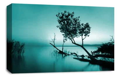 Large Floral Landscape Sunset Art Print Teal Grey Framed Canvas Picture - Image 1 of 4