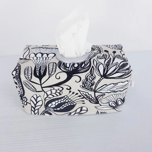 Tissue Box Cover Handmade Beige Black Tribal Print Silver Circle Opening - Picture 1 of 18