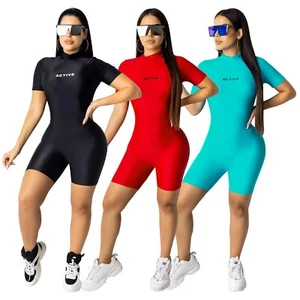Casual Solid Color Playsuit Bodycon Jumpsuit Women Summer 2020 Short Sleeve Stre - Picture 1 of 12