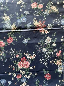 3 1/2 YARDS VINTAG POLISHED COTTON DRAPERY FABRIC NAVY BLUE LIGHT BLUE PINK 44" - Picture 1 of 2