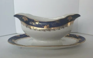 MSB China Czechoslovakia Gravy Boat w/ Attached Bottom Plate Cobalt Gold White - Picture 1 of 10
