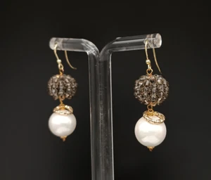Pendientes Mujer Colgantes Perlas Cuarzo Ahumado Ganchos Plata 925 Chapado Gold - Imagen 1 de 10