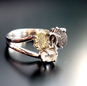925 Sterling Silber Ring Moldavit Diamant Campo Del Cielo Meteorit Echtschmuck - Picture 1 of 10