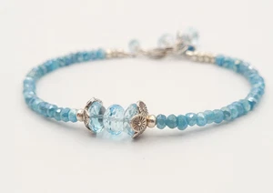 Sterling Silver Blue Topaz Handmade Artisan Beaded Bracelet w/ Dangle Charm NEW - Picture 1 of 5