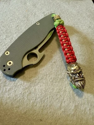 550 Paracord Knife Lanyard Green Cord And Red With Brass Orc Bead - Image 1 of 4