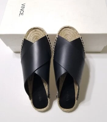 NUEVO EN CAJA Sandalia Alpargata Plana Entrecruzada de Cuero Vince Castel Negra Talla 5 $225 Foto 1 de 4