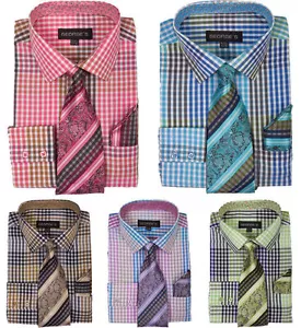 New Men's Check Design Dress Shirt With Matching Tie&Hanky AH-627 - Picture 1 of 10