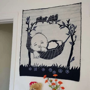 Batik Tapestry,  Indigo Cotton Wall Hanging, 30x35'' - Smile baby in a Hammock - Picture 1 of 8