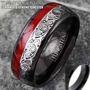 Custom Engraved Men's Black Tungsten Carbide Red Wire-Clockwork Band Ring - Picture 1 of 11