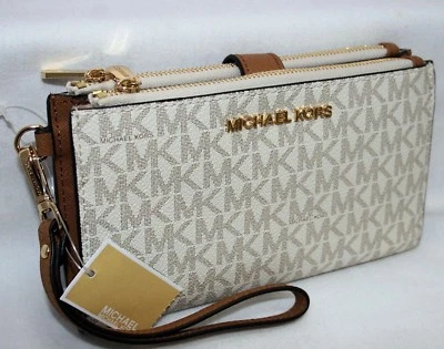 New Michael Kors MK Signature Double Zip Phone Case Wallet Wristlet Vanilla - image 1 of 4