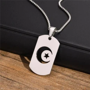 Stainless Steel Men's Necklace Crescent Moon Star Dog Tag Islamic Muslim - Picture 1 of 11