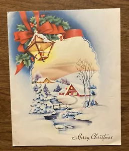 Tarjeta de felicitación de Feliz Navidad vintage de los años 40 cabañas de invierno árboles nieve P1E - Imagen 1 de 12