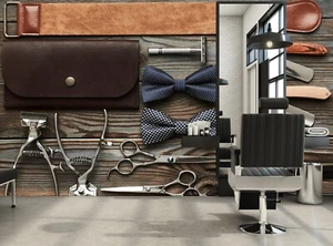 Herramientas de barbería mural aseo de pared papel tapiz fondo de madera póster - Imagen 1 de 10