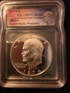 1974-S Eisenhower Ike Silver Dollar PR70 DCAM ICG Austin Hutto Signed Rare Grade - Picture 1 of 2
